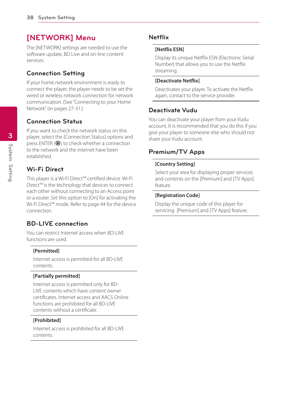 Network] menu, 38 – [network] menu | LG LHB976 User Manual | Page 38 / 78