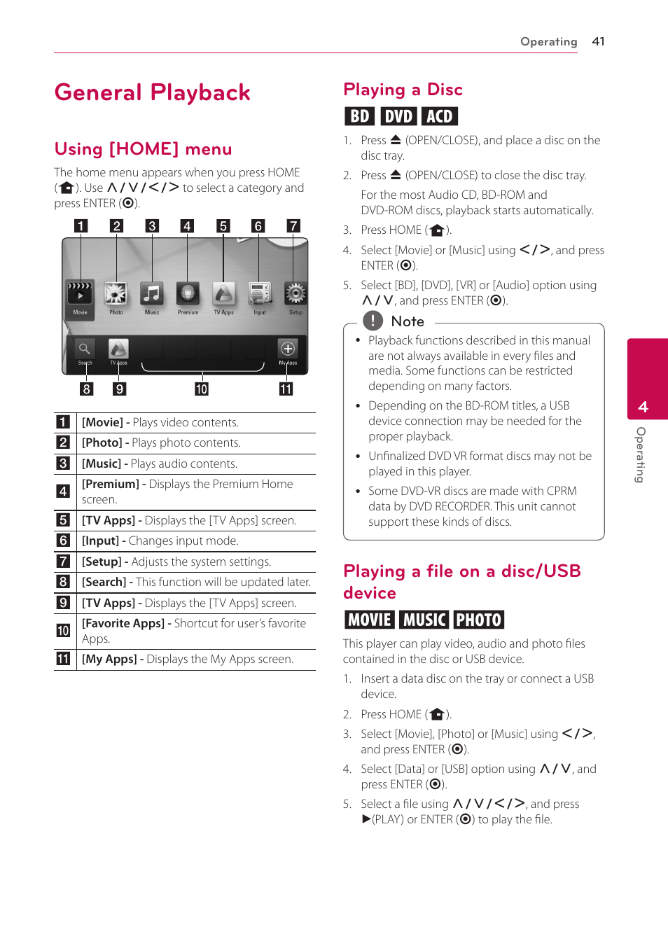 4 operating, General playback, Using [home] menu | Playing a disc, Playing a file on a disc/usb device, Playing a disc ert, Playing a file on a disc/usb device yui | LG LHB976 User Manual | Page 41 / 78