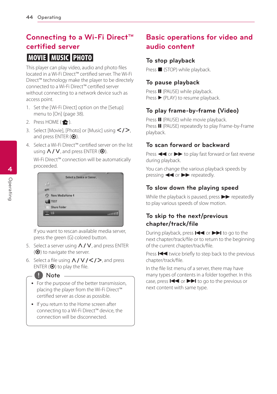 Connecting to a wi-fi direct™ certified server, Basic operations for video and audio content, 44 – connecting to a wi-fi direct | Certified server, 44 – basic operations for video and audio, Content, Connecting to a wi-fi direct™ certified server yui | LG LHB976 User Manual | Page 44 / 78