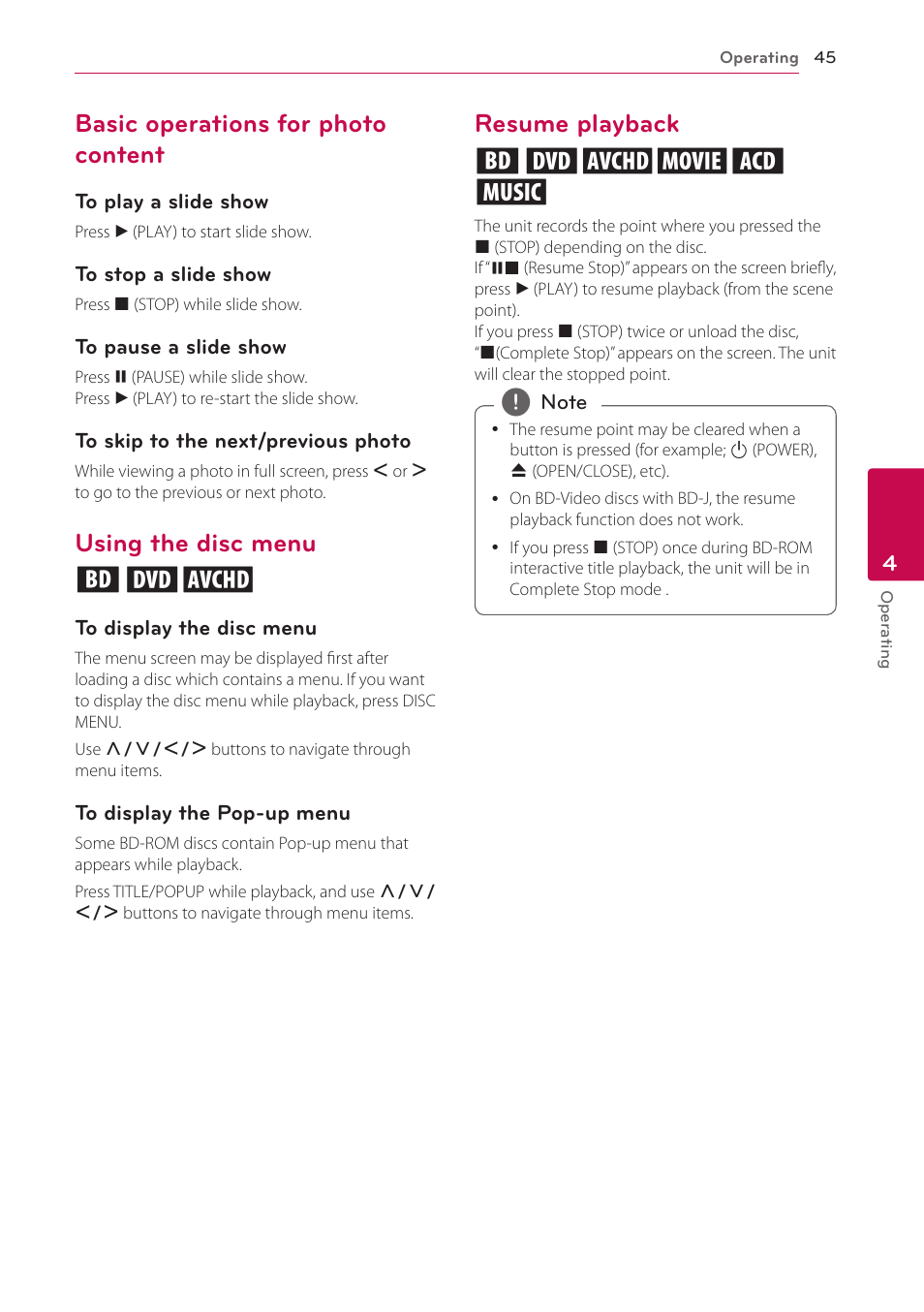 Basic operations for photo content, Using the disc menu, Resume playback | Using the disc menu ero, Resume playback eroyt u | LG LHB976 User Manual | Page 45 / 78