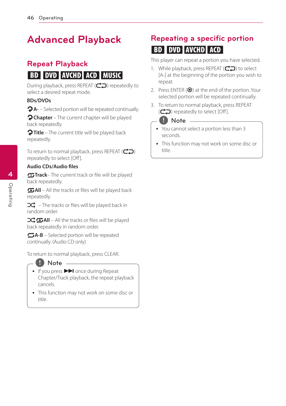Advanced playback, Repeat playback, Repeating a specific portion | Repeat playback erotu, Repeating a specific portion erot | LG LHB976 User Manual | Page 46 / 78