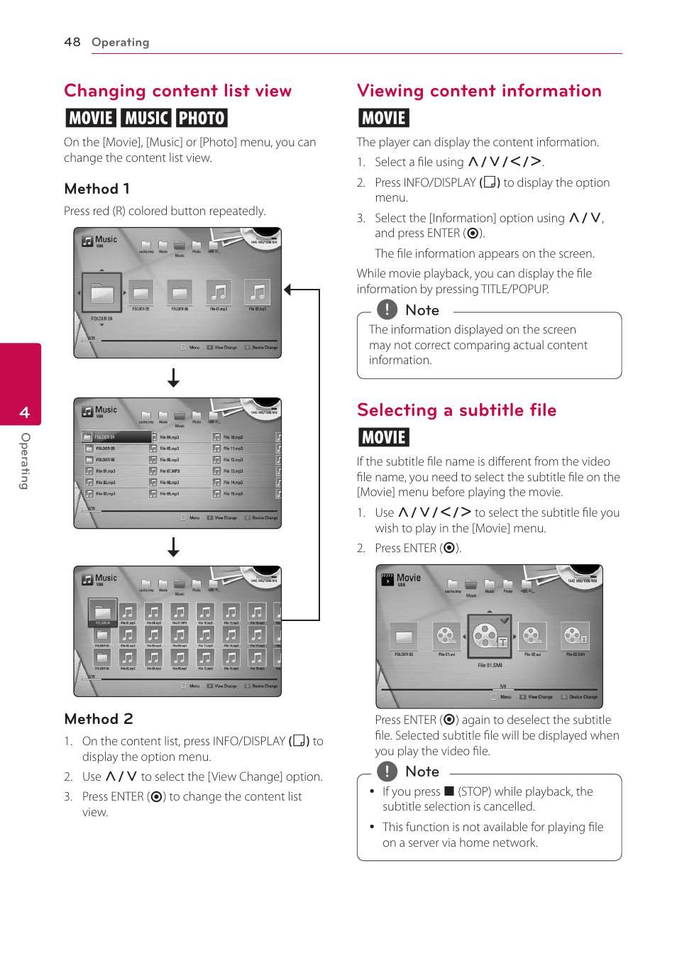 Changing content list view, Viewing content information, Selecting a subtitle file | Changing content list view yui, Viewing content information y, Selecting a subtitle file y | LG LHB976 User Manual | Page 48 / 78