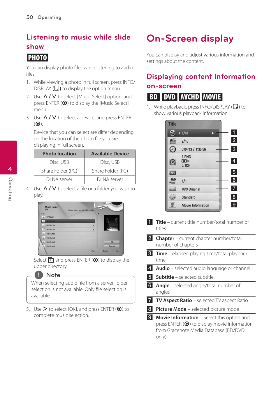 Listening to music while slide show, On-screen display, Displaying content information on-screen | Screen, Listening to music while slide show i, Displaying content information on-screen eroy | LG LHB976 User Manual | Page 50 / 78