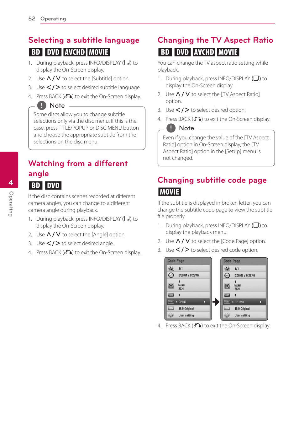 Selecting a subtitle language, Watching from a different angle, Changing the tv aspect ratio | Selecting a subtitle language eroy, Watching from a different angle er, Changing the tv aspect ratio eroy, Changing subtitle code page y | LG LHB976 User Manual | Page 52 / 78