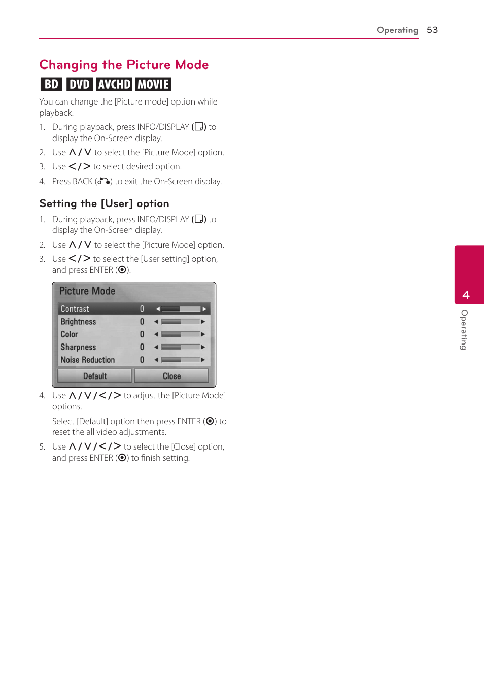 Changing the picture mode, 53 – changing the picture mode, Changing the picture mode eroy | LG LHB976 User Manual | Page 53 / 78