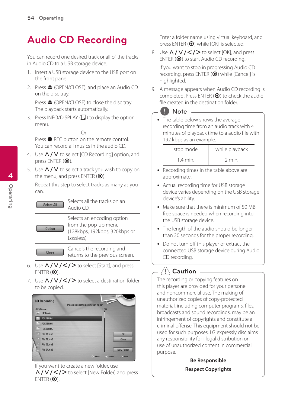 Audio cd recording, 54 audio cd recording | LG LHB976 User Manual | Page 54 / 78