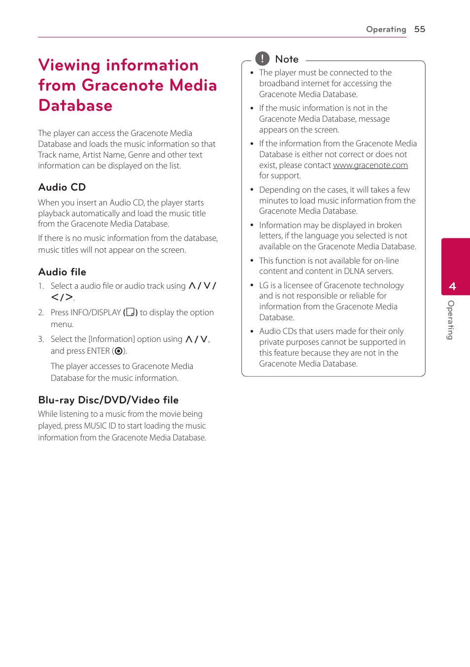 Viewing information from gracenote media database, 55 viewing information from gracenote, Media database | LG LHB976 User Manual | Page 55 / 78