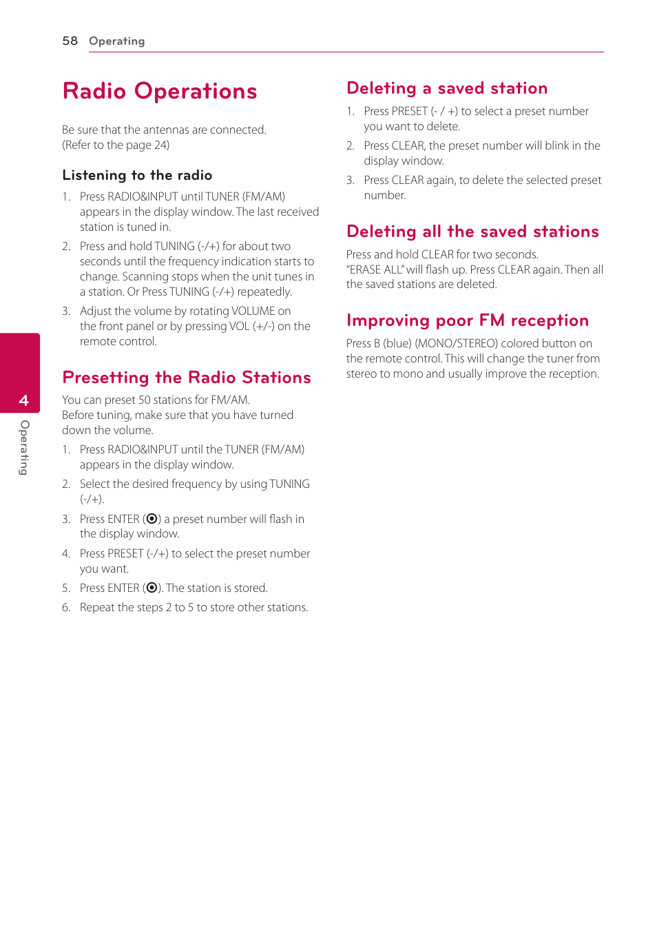 Radio operations, Presetting the radio stations, Deleting a saved station | Deleting all the saved stations, Improving poor fm reception | LG LHB976 User Manual | Page 58 / 78