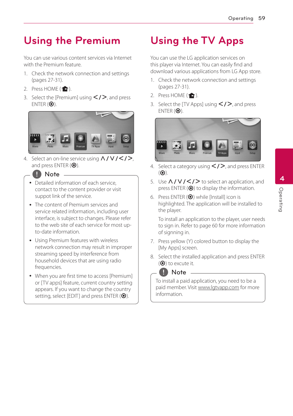 Using the premium, Using the tv apps, 59 using the premium 59 using the tv apps | LG LHB976 User Manual | Page 59 / 78