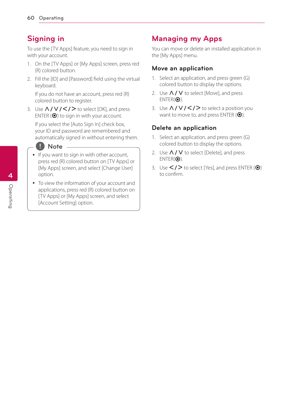 Signing in, Managing my apps, 60 – signing in 60 – managing my apps | LG LHB976 User Manual | Page 60 / 78