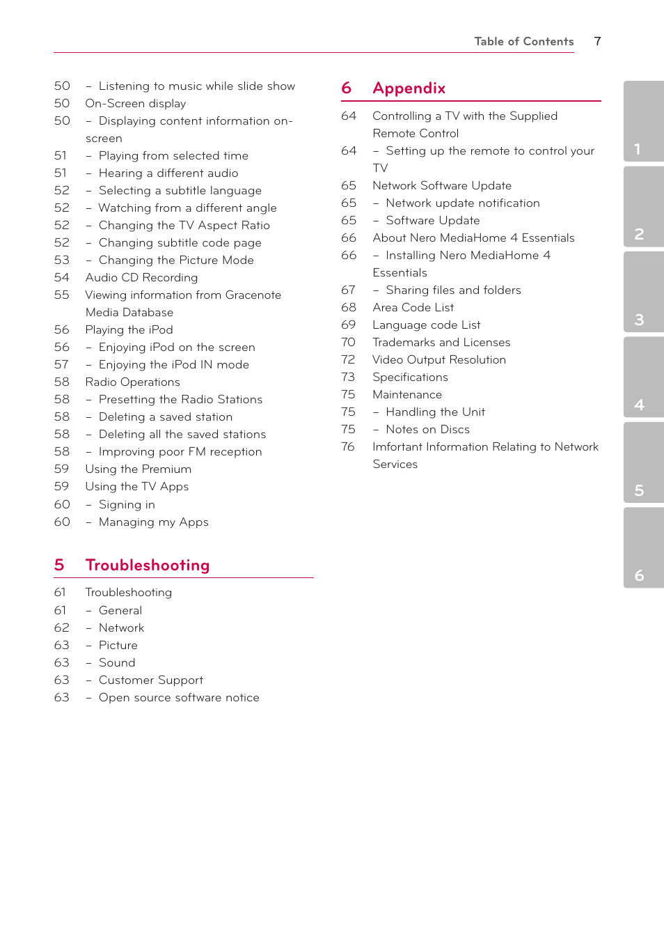 5 troubleshooting, 6 appendix | LG LHB976 User Manual | Page 7 / 78