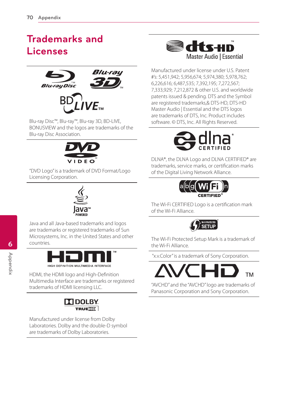Trademarks and licenses, 70 trademarks and licenses | LG LHB976 User Manual | Page 70 / 78