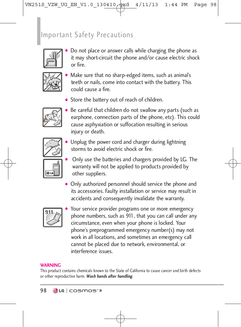 Important safety precautions, Store the battery out of reach of children | LG VN251S User Manual | Page 100 / 314