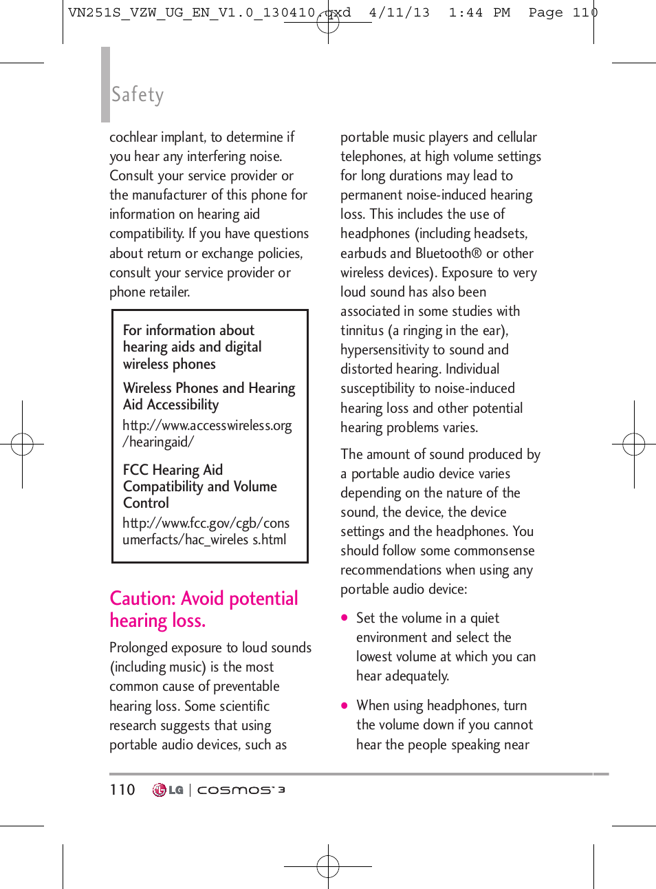 Safety, Caution: avoid potential hearing loss | LG VN251S User Manual | Page 112 / 314