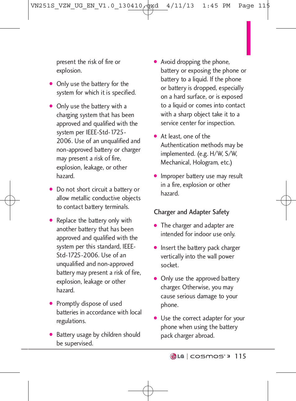 Charger and adapter safety, 115 present the risk of fire or explosion, Battery usage by children should be supervised | LG VN251S User Manual | Page 117 / 314