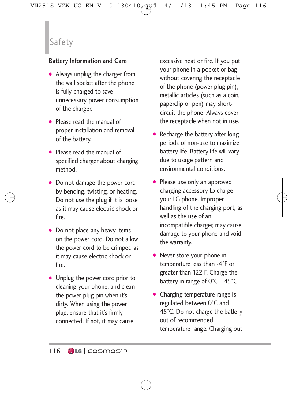 Safety, Battery information and care | LG VN251S User Manual | Page 118 / 314