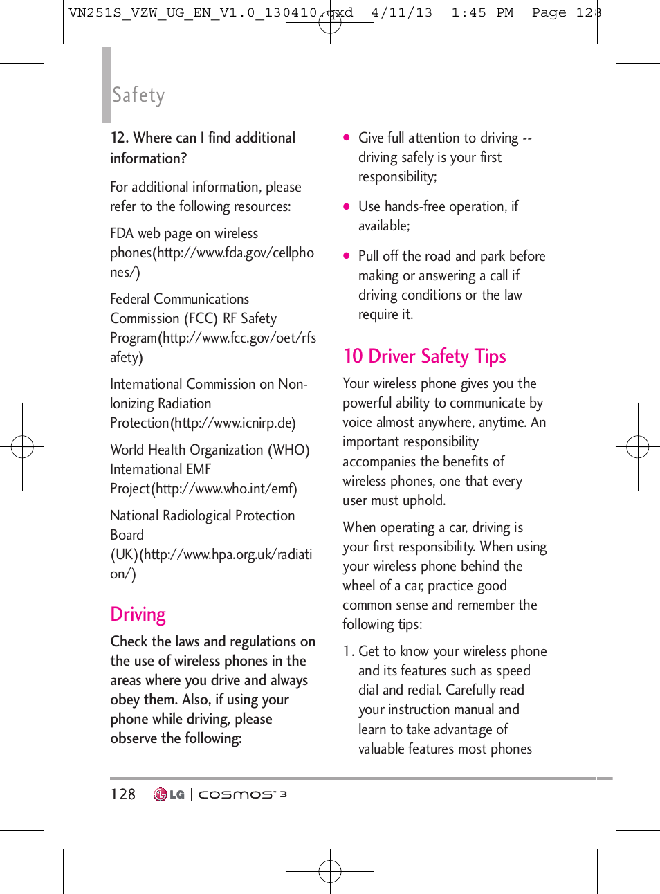 Safety, Driving, 10 driver safety tips | LG VN251S User Manual | Page 130 / 314