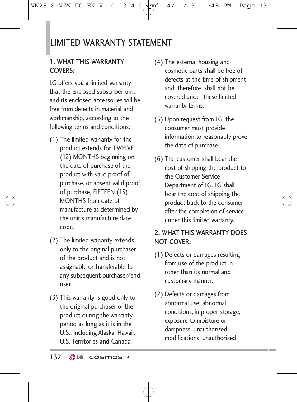 Limited warranty statement | LG VN251S User Manual | Page 134 / 314