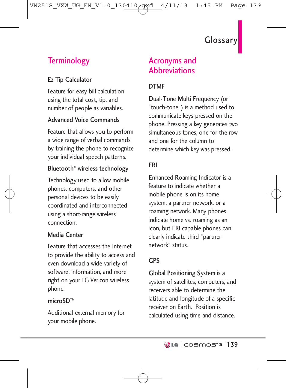 Glossary, Terminology, Acronyms and abbreviations | LG VN251S User Manual | Page 141 / 314