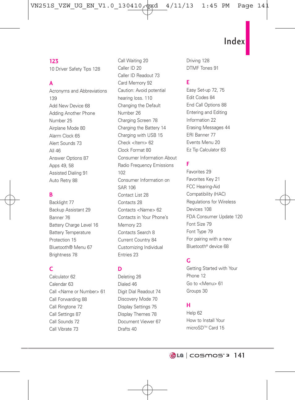 Index | LG VN251S User Manual | Page 143 / 314