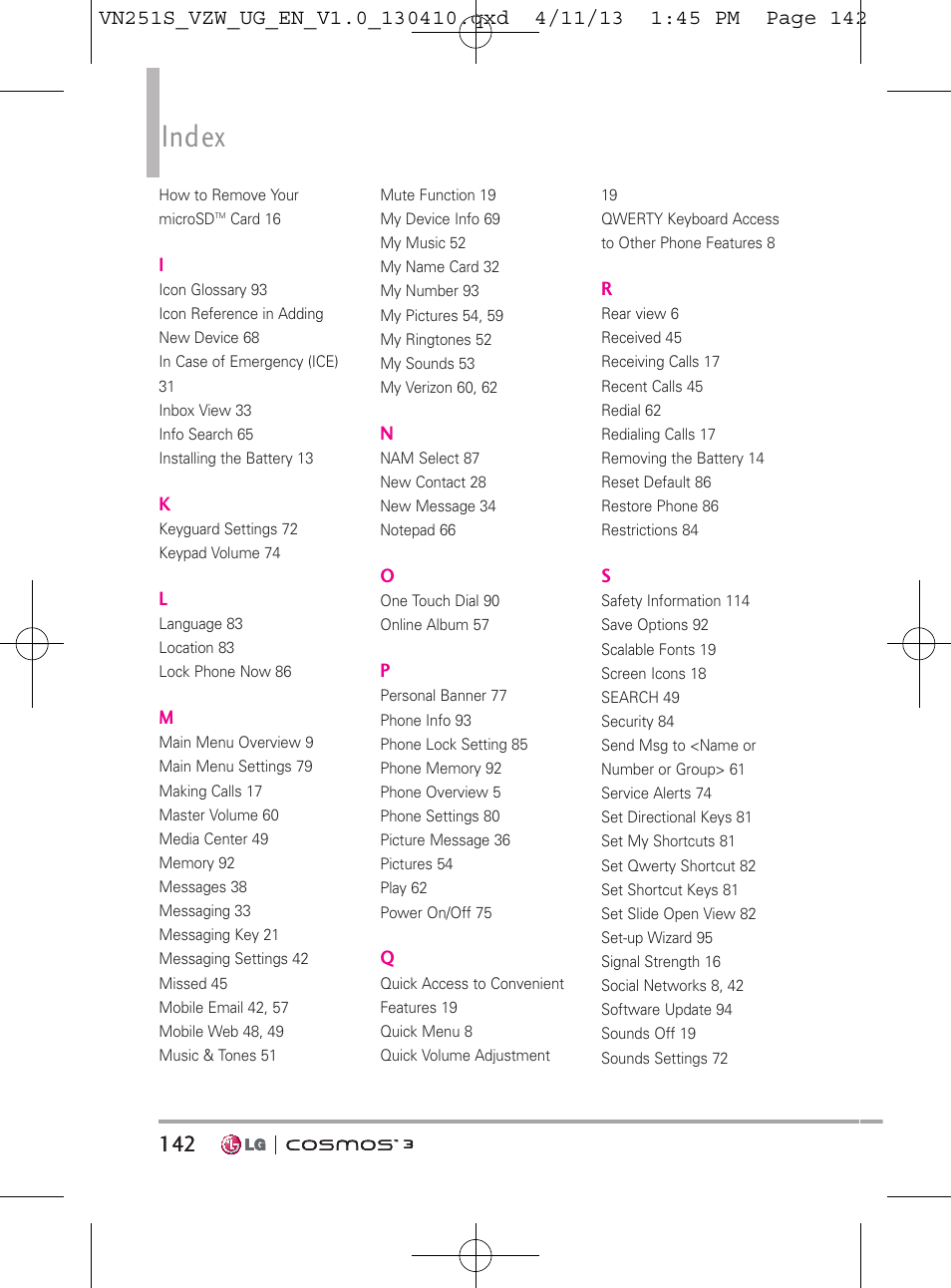 Index | LG VN251S User Manual | Page 144 / 314