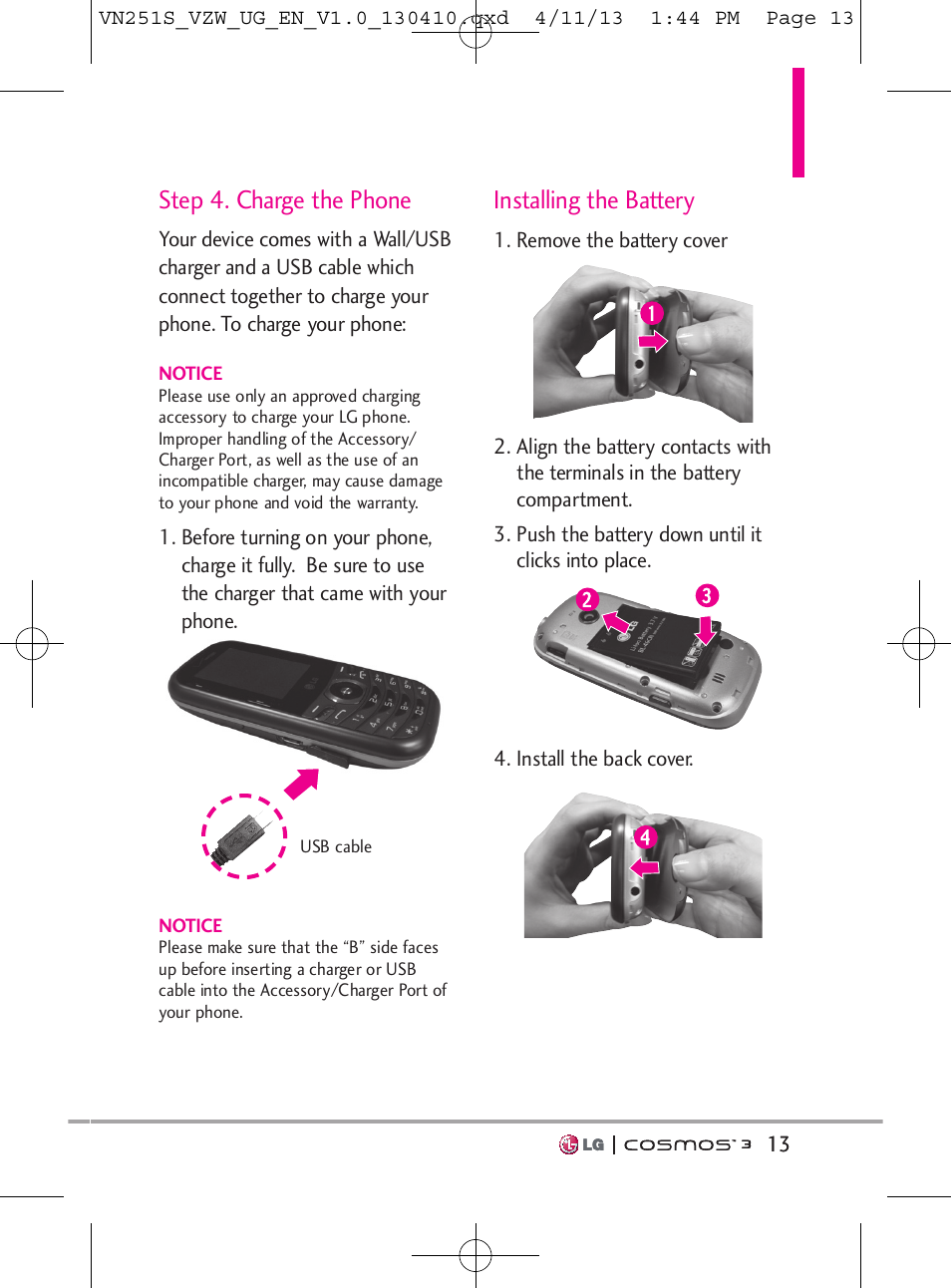 Step 4. charge the phone, Installing the battery | LG VN251S User Manual | Page 15 / 314