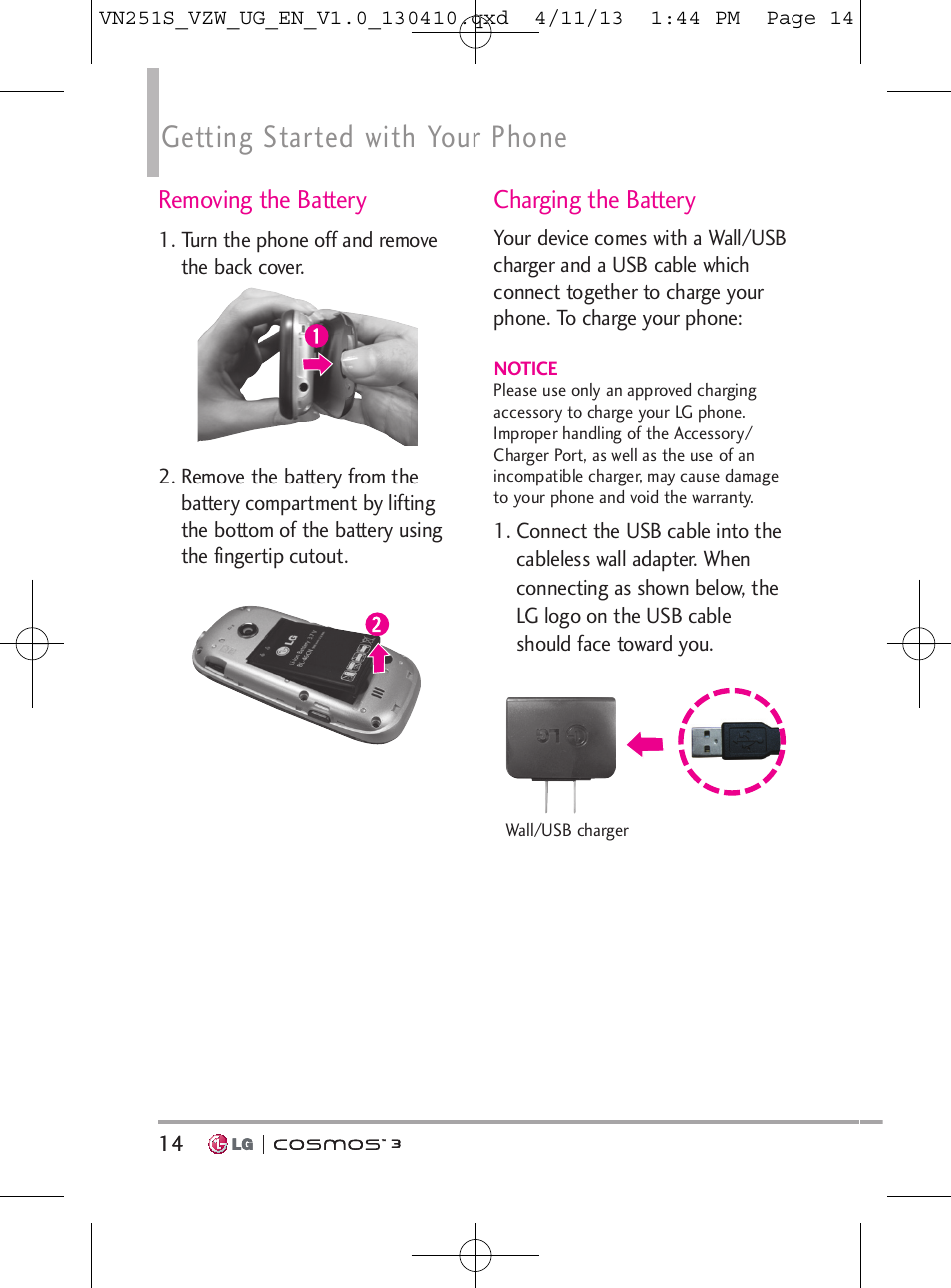 Getting started with your phone, Removing the battery, Charging the battery | LG VN251S User Manual | Page 16 / 314