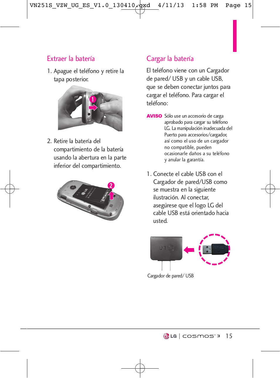 Extraer la batería, Cargar la batería | LG VN251S User Manual | Page 161 / 314