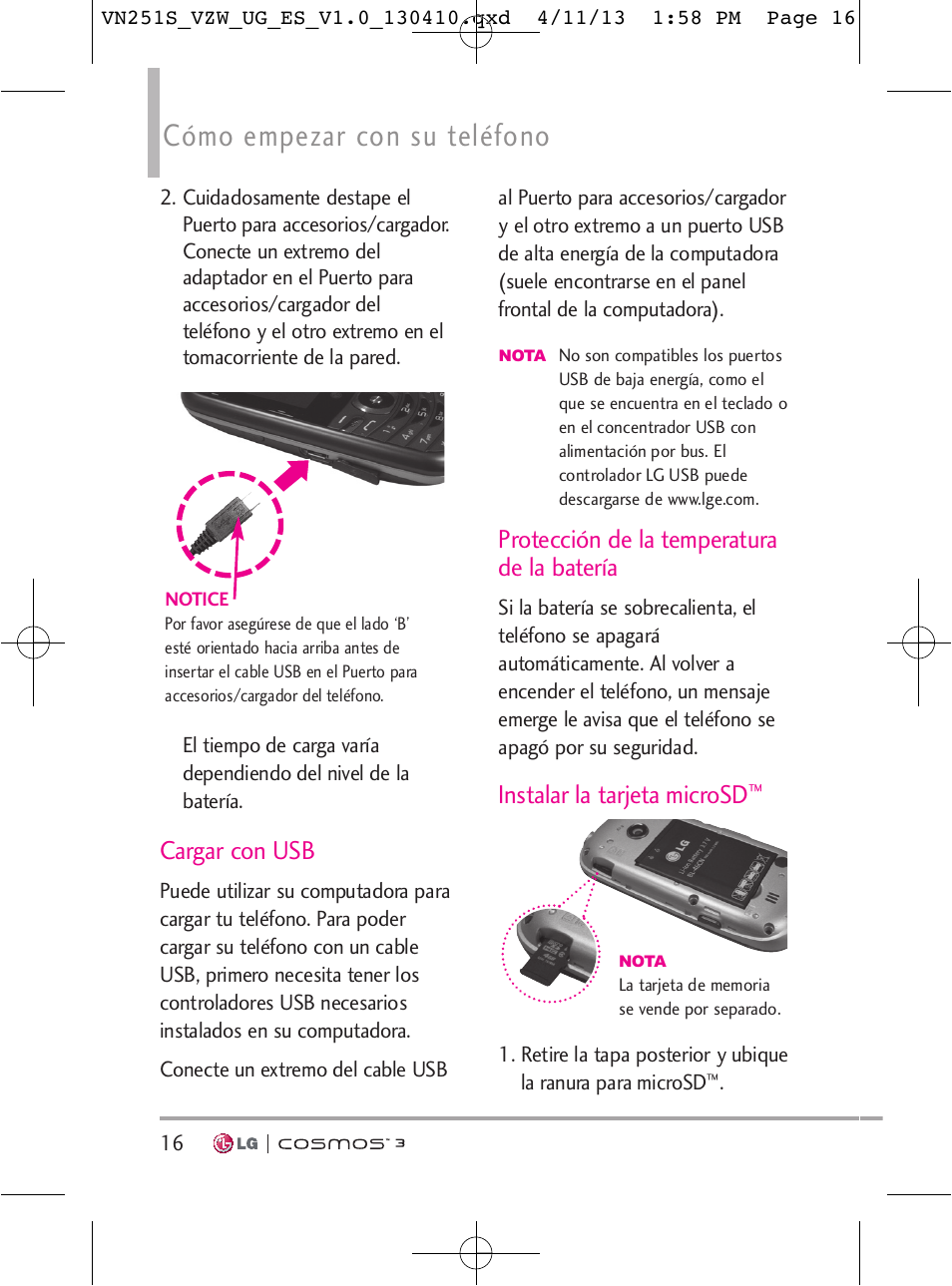 Cómo empezar con su teléfono, Cargar con usb, Protección de la temperatura de la batería | Instalar la tarjeta microsd | LG VN251S User Manual | Page 162 / 314