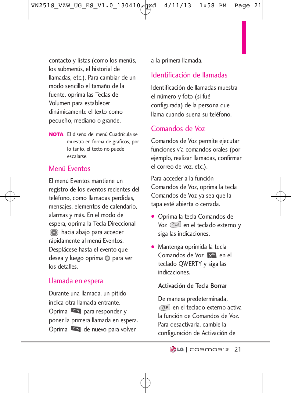 Menú eventos, Llamada en espera, Identificación de llamadas | Comandos de voz | LG VN251S User Manual | Page 167 / 314