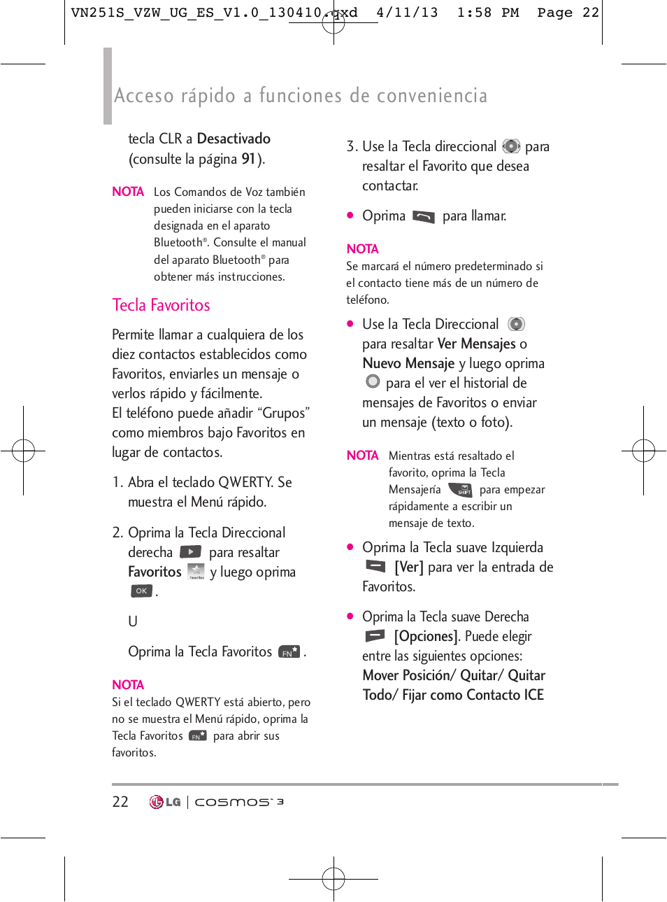 Acceso rápido a funciones de conveniencia, Tecla favoritos | LG VN251S User Manual | Page 168 / 314