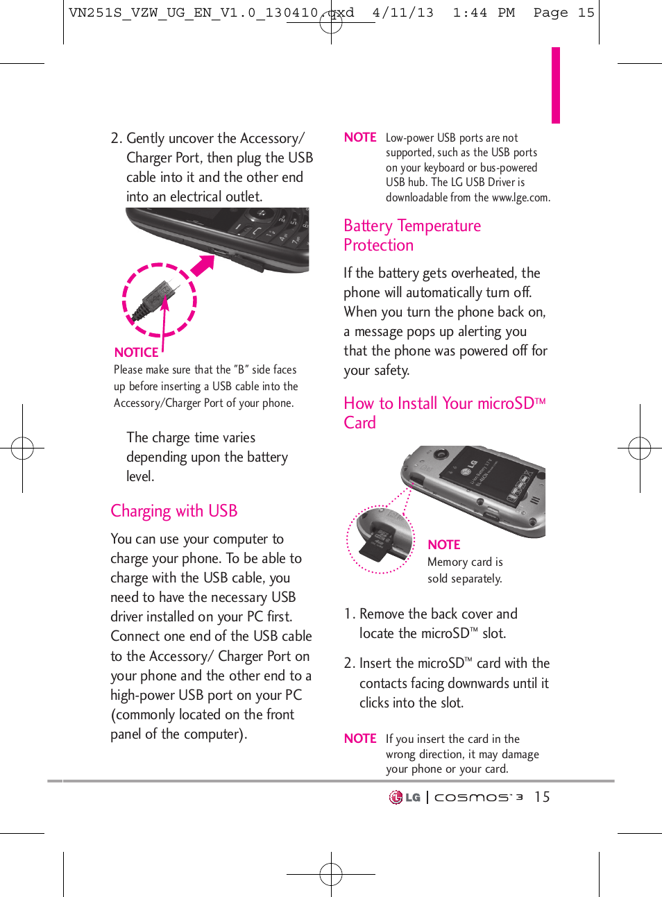 Charging with usb, Battery temperature protection, How to install your microsd | Card | LG VN251S User Manual | Page 17 / 314