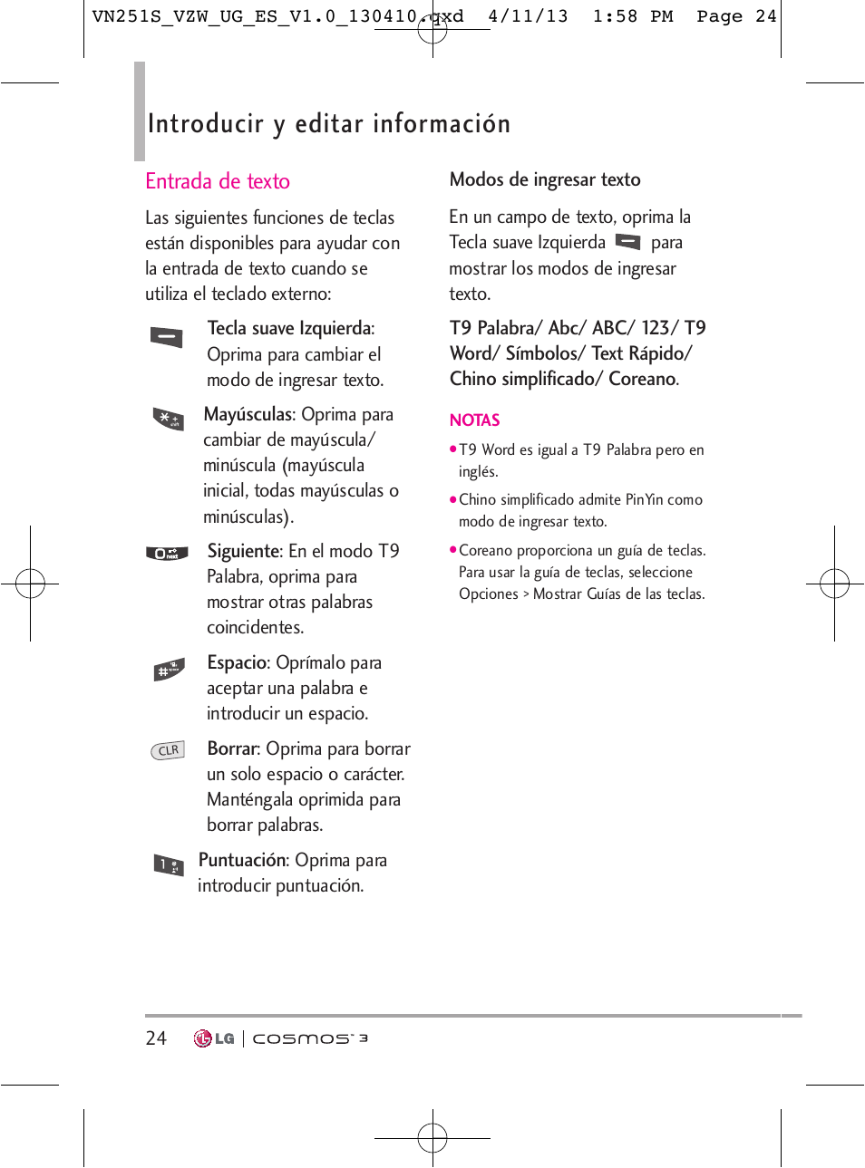 Introducir y editar información, Entrada de texto | LG VN251S User Manual | Page 170 / 314