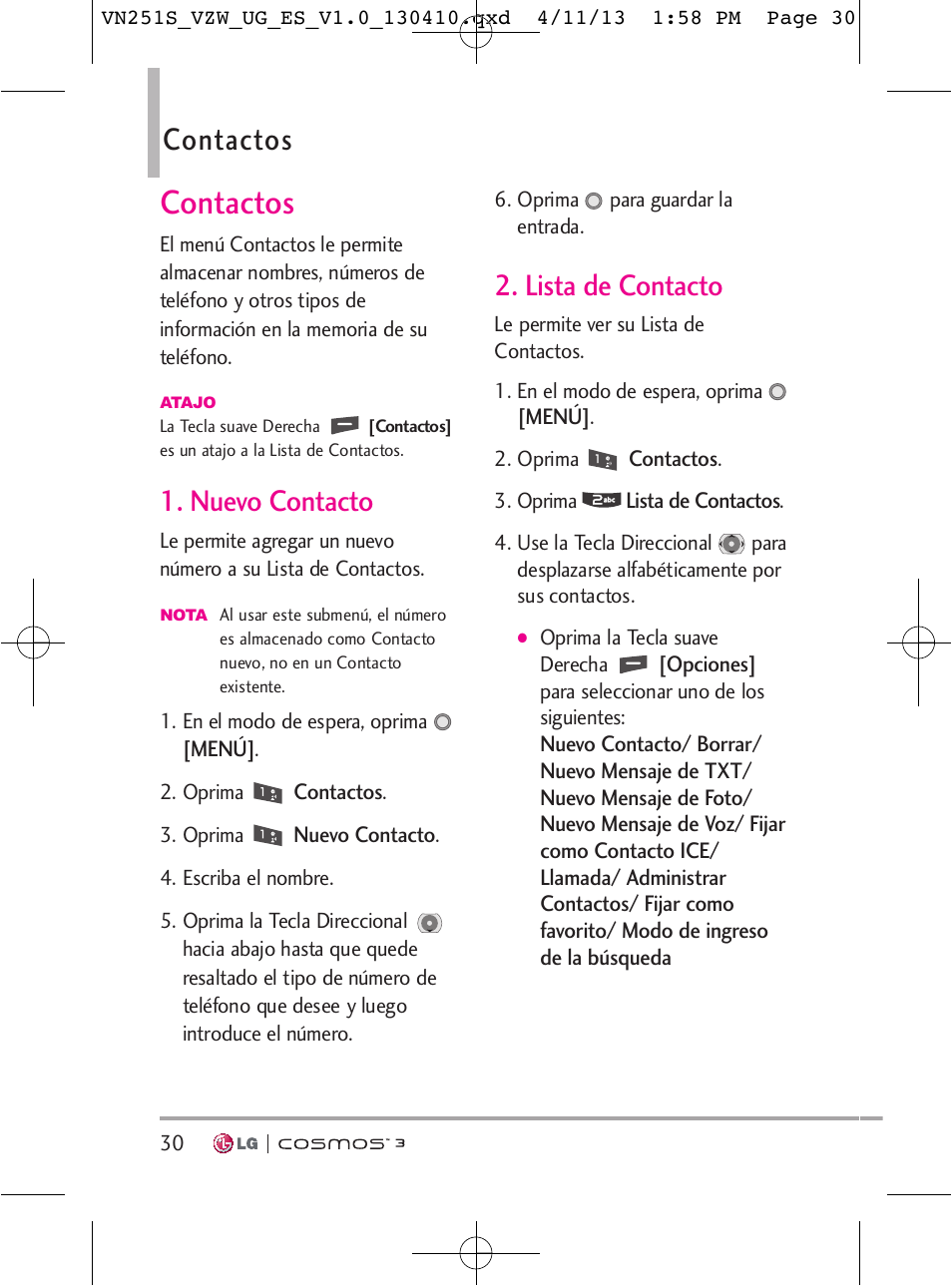 Contactos, Nuevo contacto, Lista de contacto | LG VN251S User Manual | Page 176 / 314