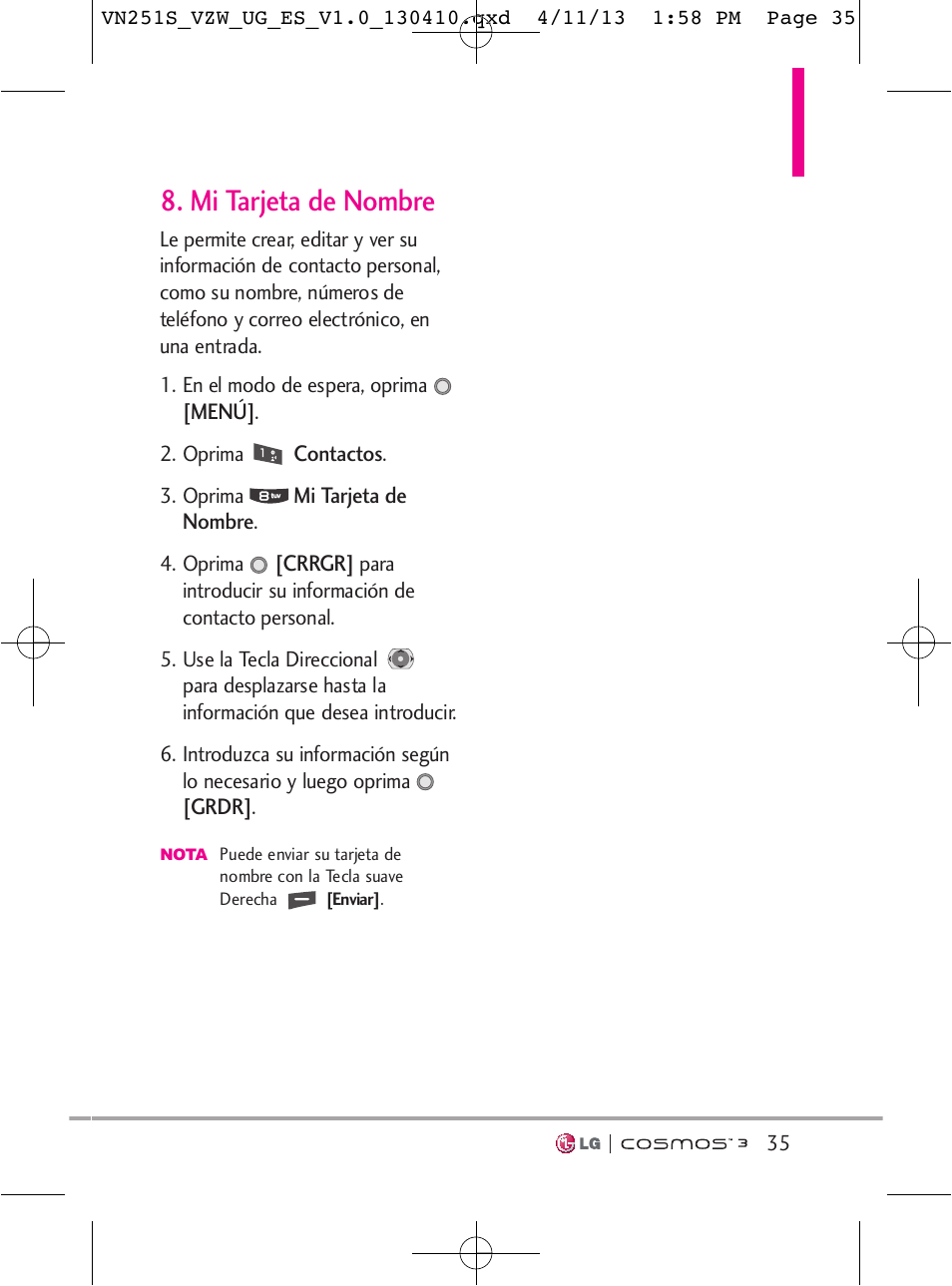 Mi tarjeta de nombre | LG VN251S User Manual | Page 181 / 314