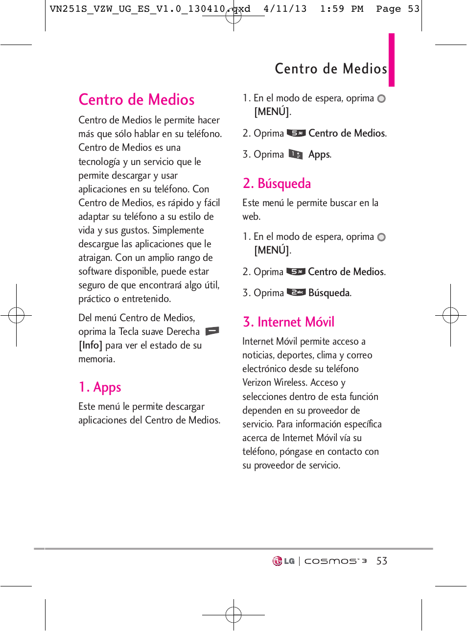 Centro de medios, Apps, Búsqueda | Internet móvil | LG VN251S User Manual | Page 199 / 314