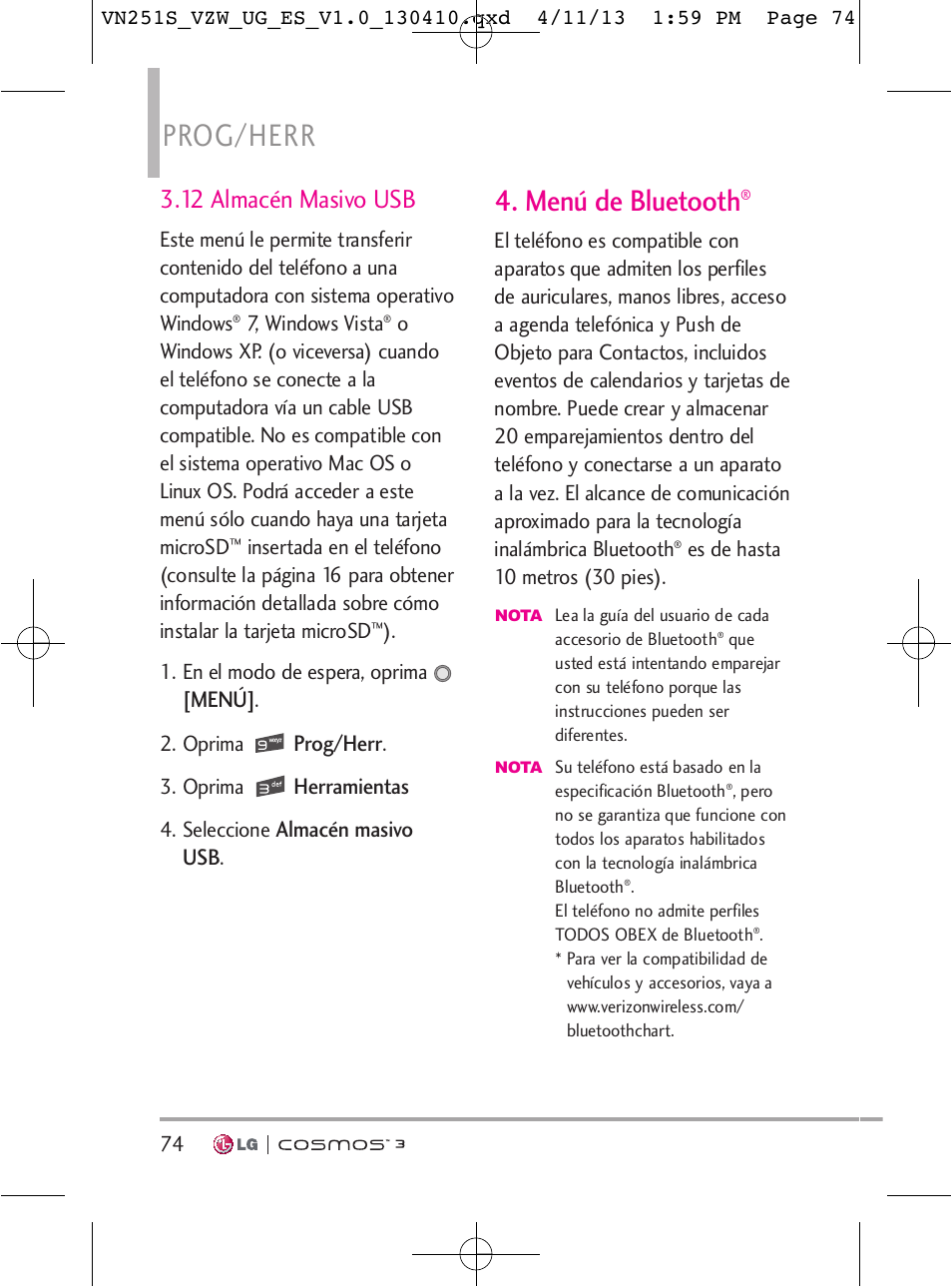 Prog/herr, Menú de bluetooth, 12 almacén masivo usb | Menú, Herramientas, Almacén masivo usb | LG VN251S User Manual | Page 220 / 314