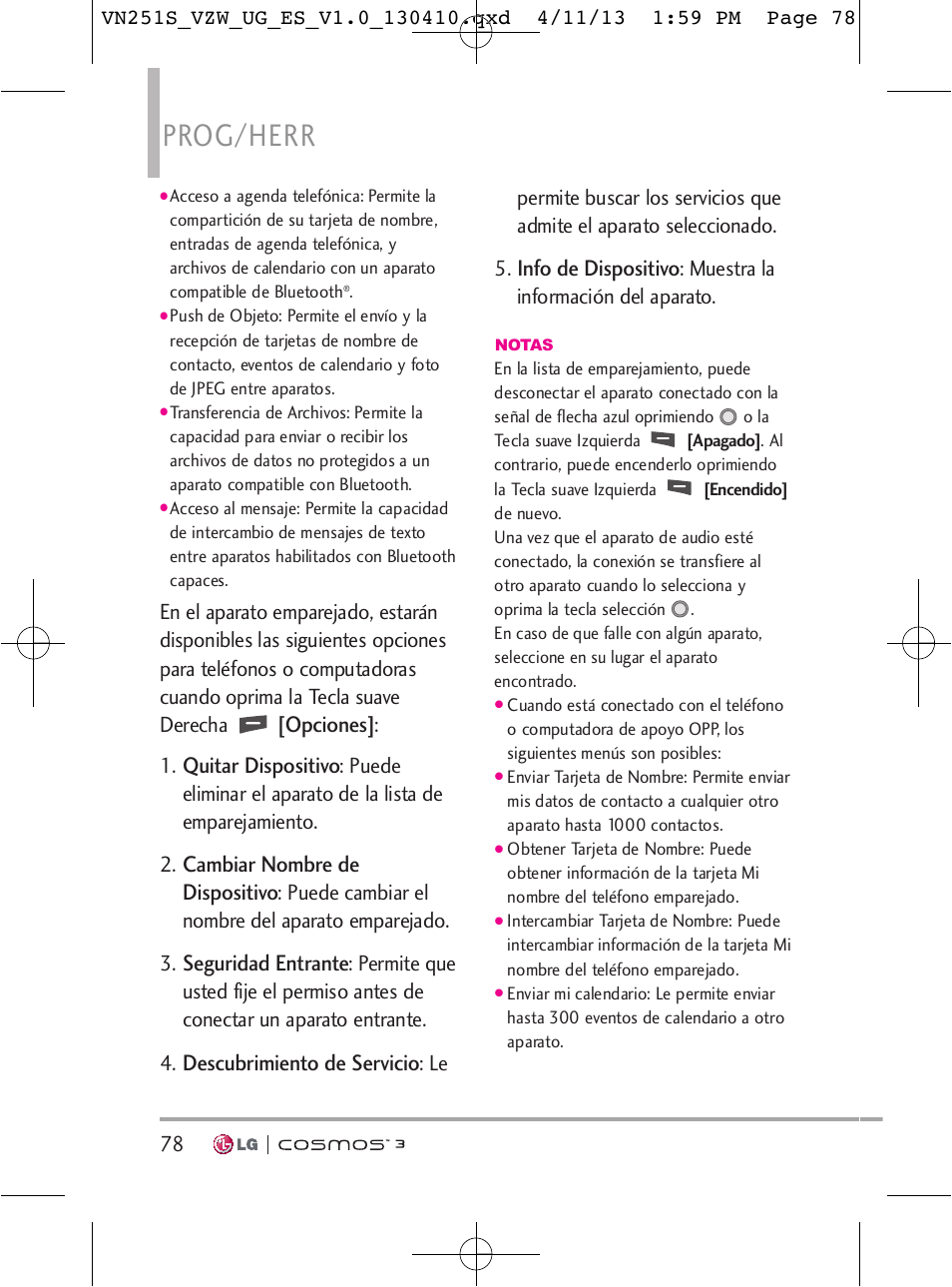 Prog/herr, Opciones, Quitar dispositivo | Cambiar nombre de dispositivo, Seguridad entrante, Descubrimiento de servicio, Info de dispositivo | LG VN251S User Manual | Page 224 / 314