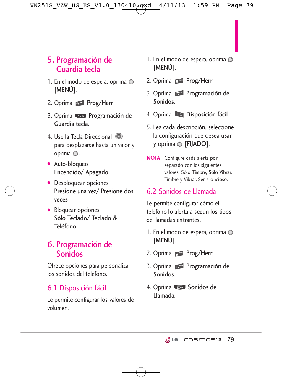 Programación de guardia tecla, Programación de sonidos, 1 disposición fácil | 2 sonidos de llamada | LG VN251S User Manual | Page 225 / 314