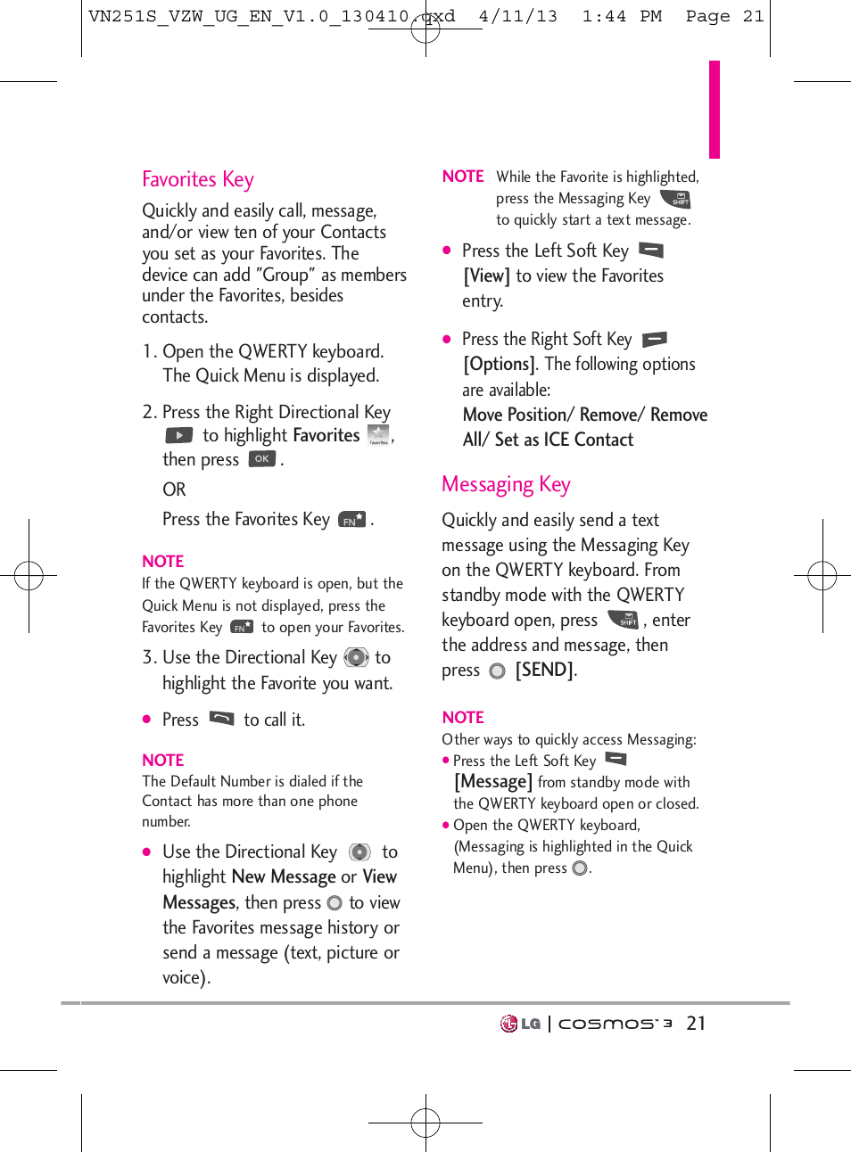 Favorites key, Messaging key | LG VN251S User Manual | Page 23 / 314