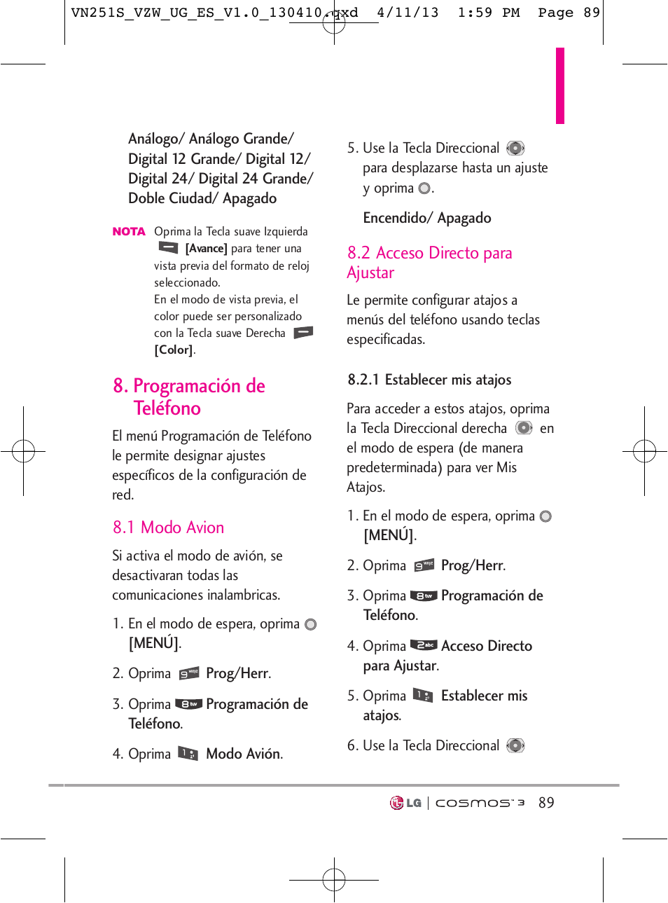 Programación de teléfono, 1 modo avion, 2 acceso directo para ajustar | LG VN251S User Manual | Page 235 / 314