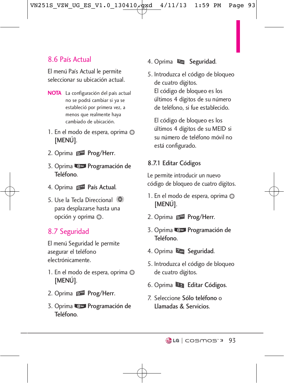 6 país actual, 7 seguridad | LG VN251S User Manual | Page 239 / 314