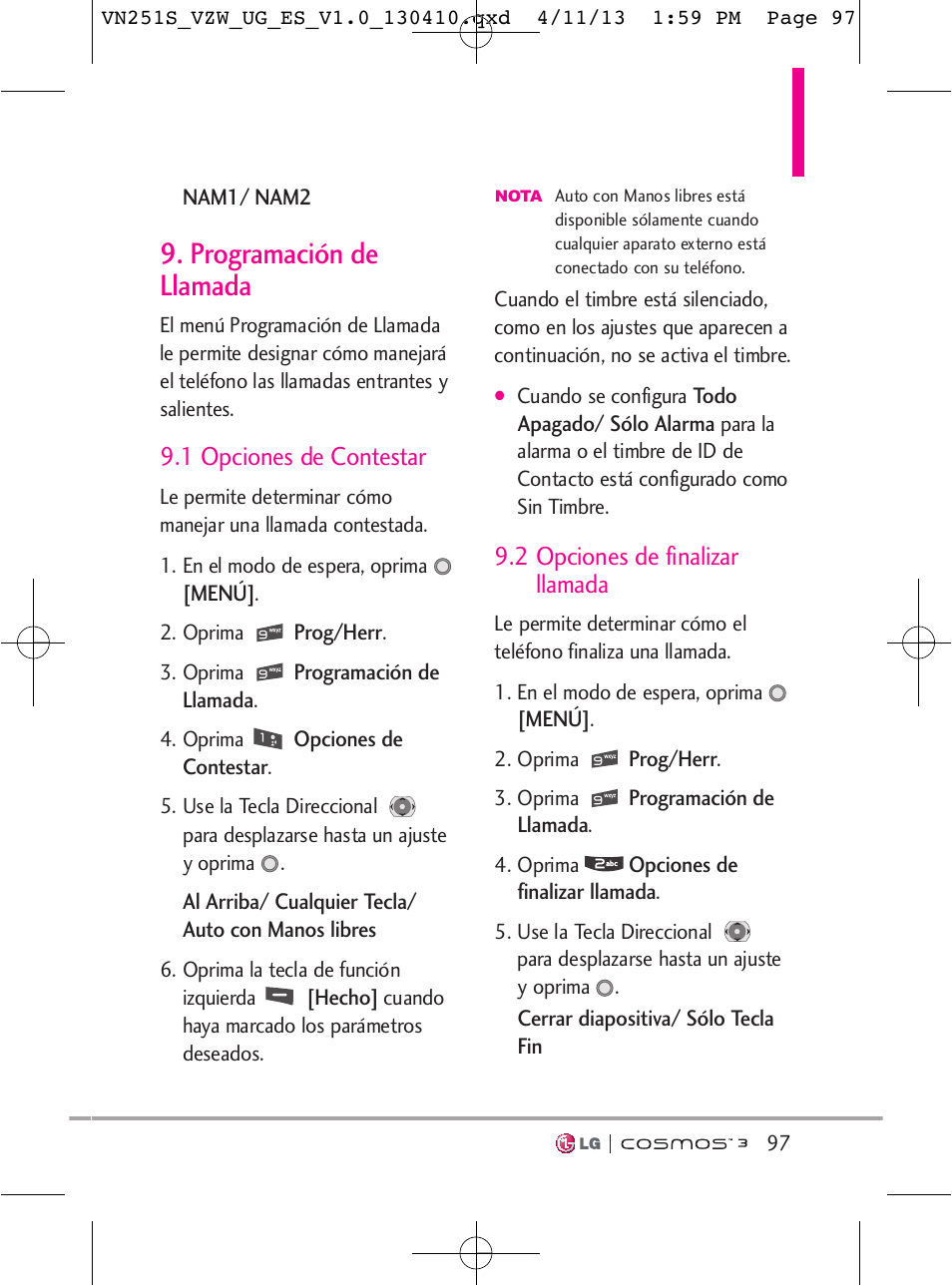 Programación de llamada, 1 opciones de contestar, 2 opciones de finalizar llamada | LG VN251S User Manual | Page 243 / 314