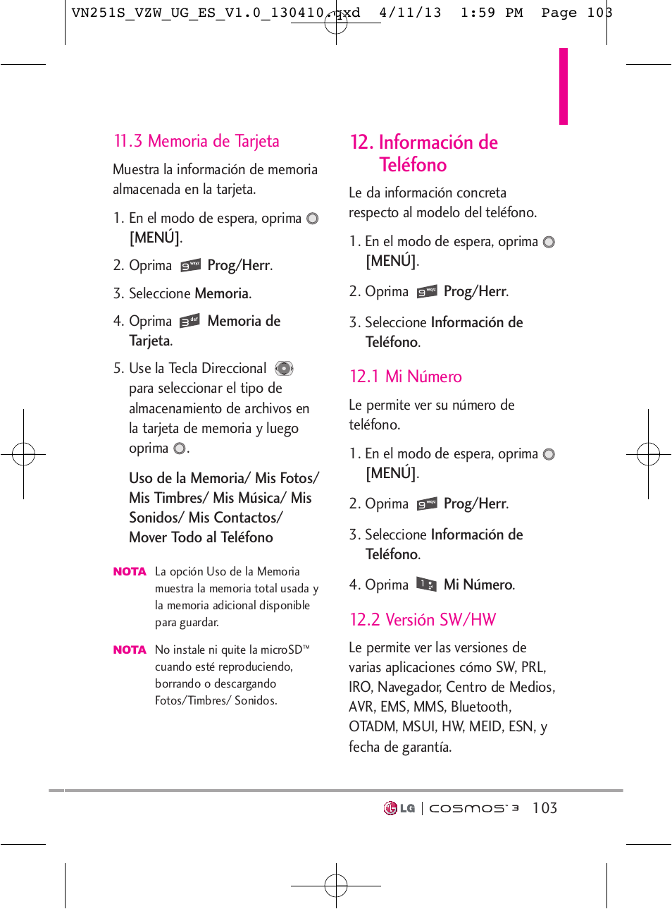 Información de teléfono, 1 mi número, 2 versión sw/hw | LG VN251S User Manual | Page 249 / 314