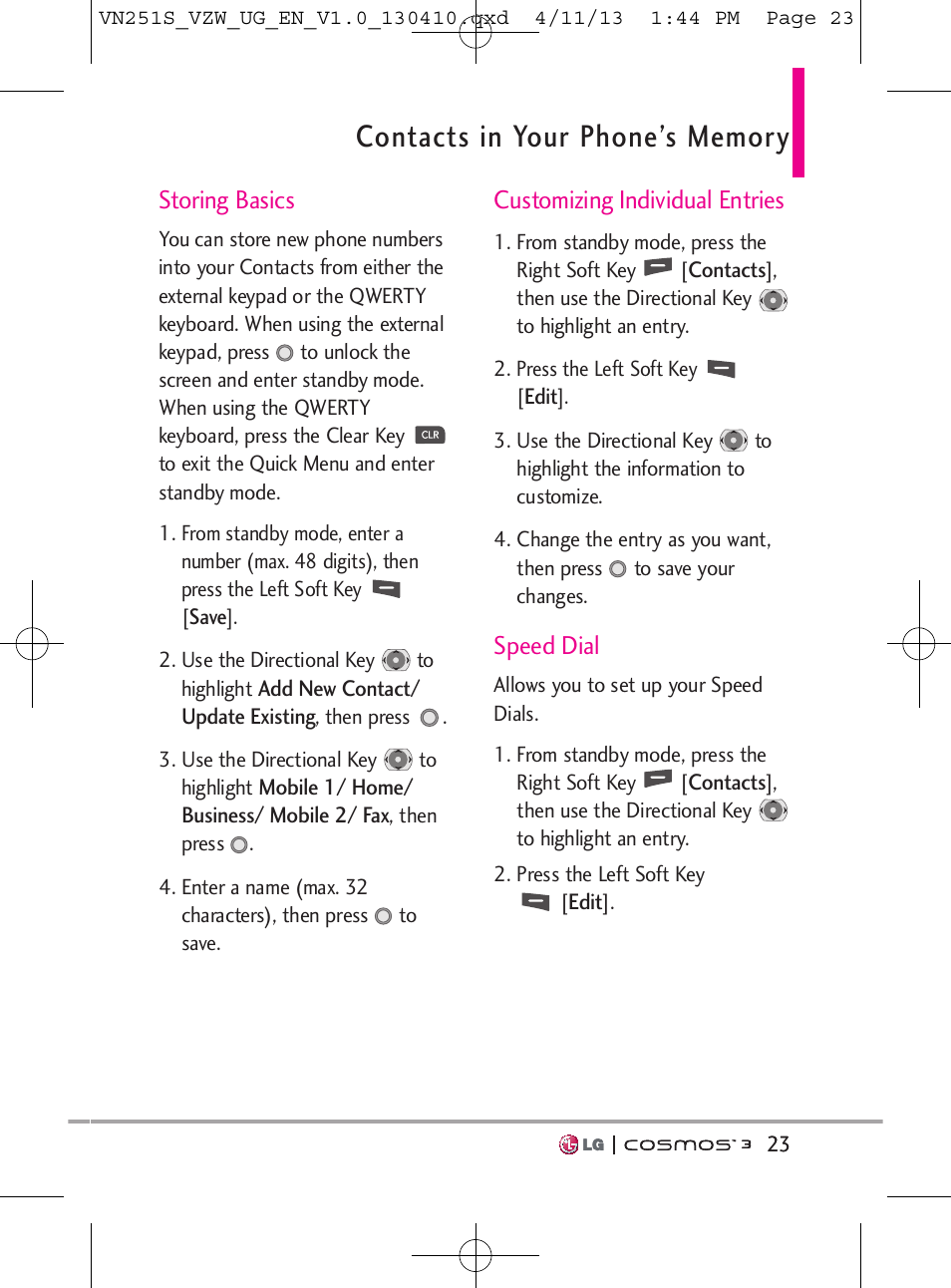 Storing basics, Customizing individual entries, Speed dial | LG VN251S User Manual | Page 25 / 314