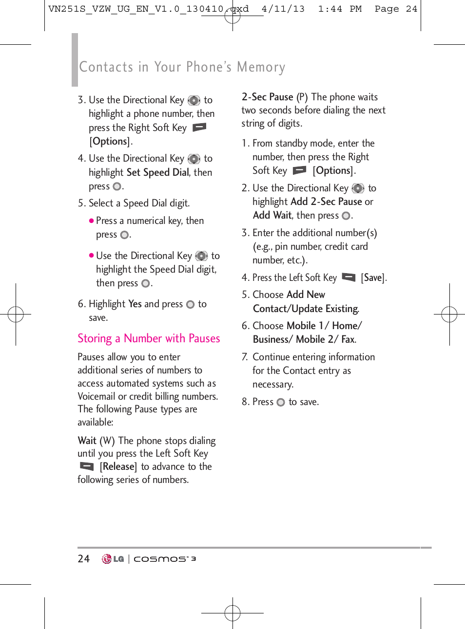 Storing a number with pauses | LG VN251S User Manual | Page 26 / 314