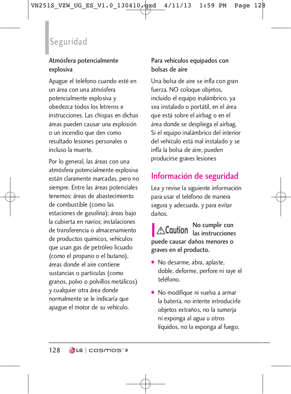 Caution, Seguridad, Información de seguridad | LG VN251S User Manual | Page 274 / 314