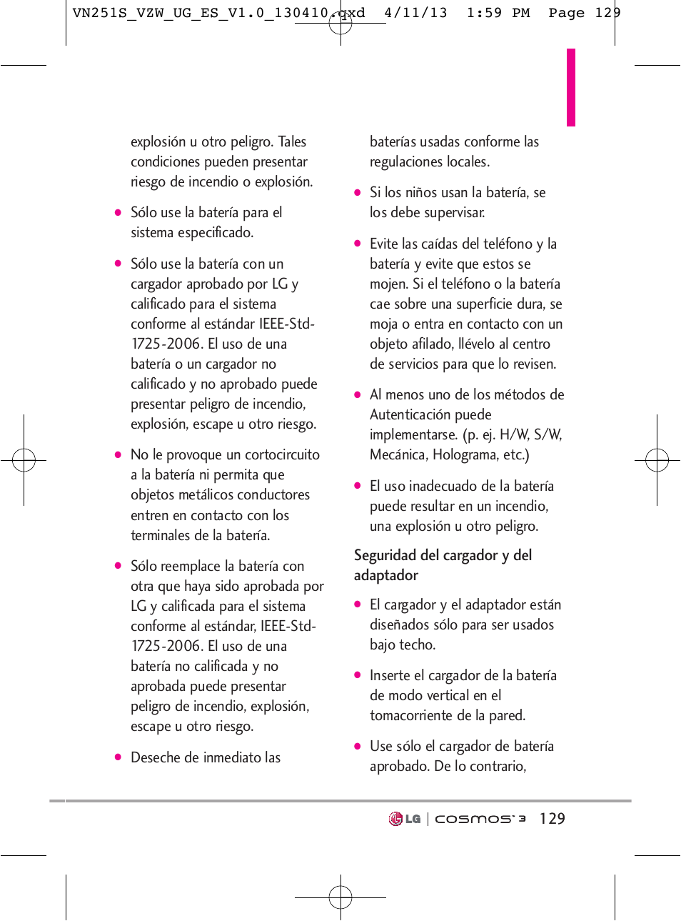 Seguridad del cargador y del adaptador, Sólo use la batería para el sistema especificado | LG VN251S User Manual | Page 275 / 314