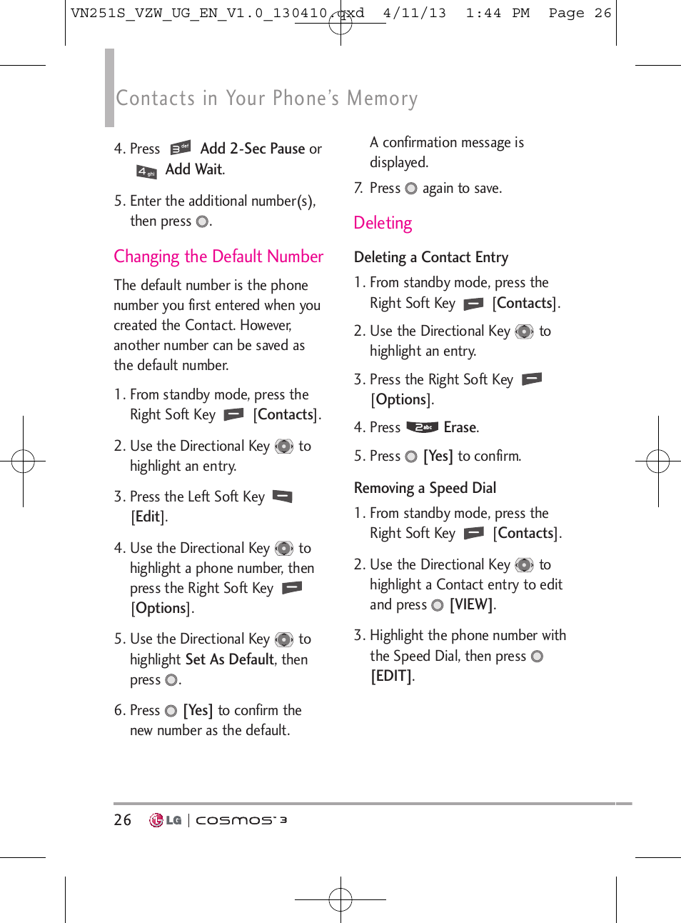 Changing the default number, Deleting | LG VN251S User Manual | Page 28 / 314