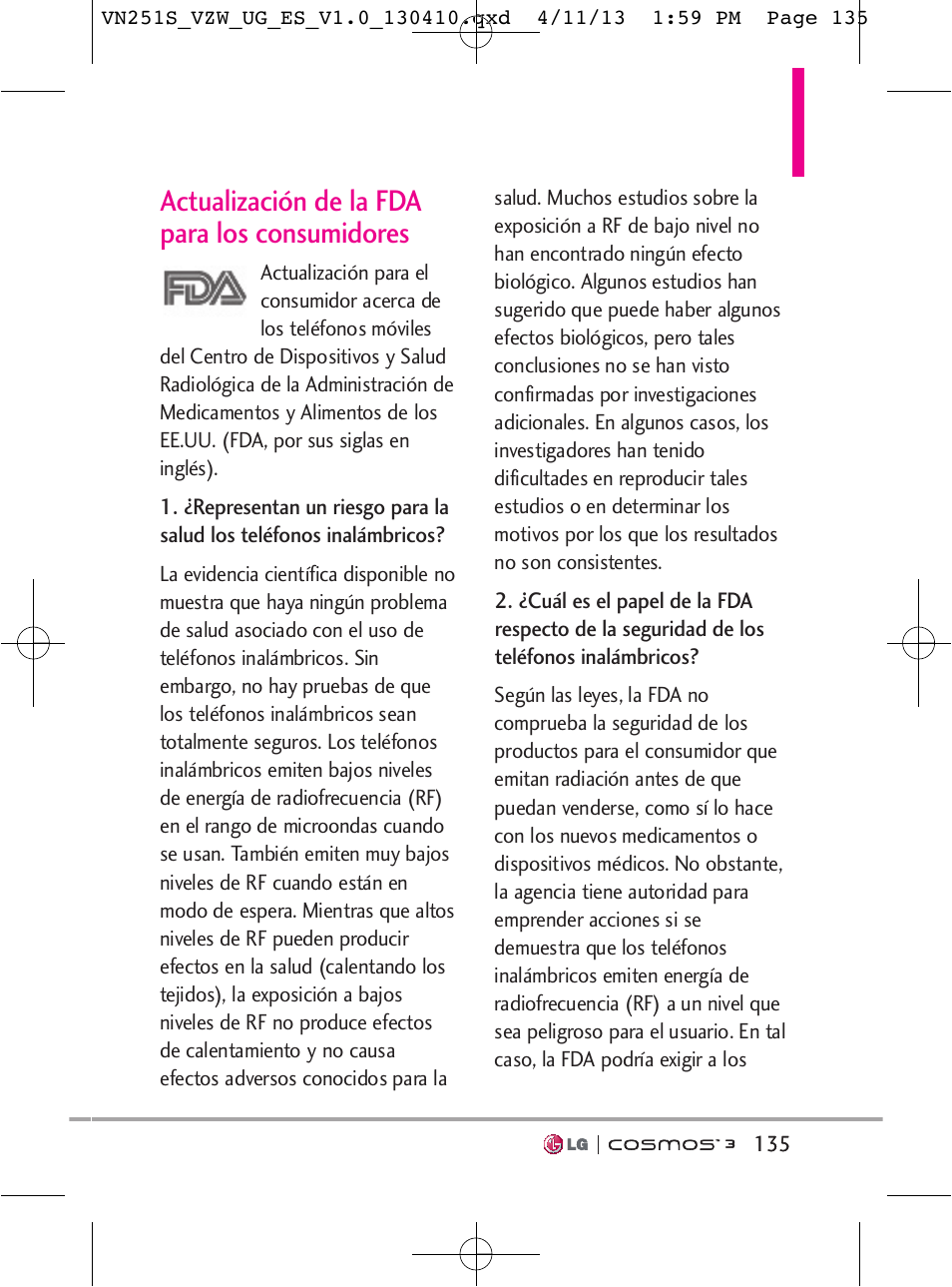 Actualización de la fda para los consumidores | LG VN251S User Manual | Page 281 / 314